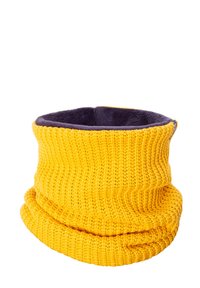 Knitted cowl neck warmer in bright yellow, featuring a soft dark purple fleece lining, ribbed texture, and a wide, folded design.