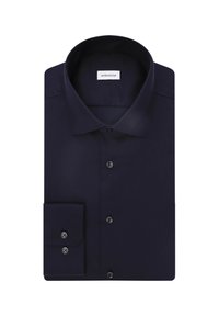 Chemise à manches longues bleu marine en tissu lisse, dotée d'un col classique, d'une fermeture à boutons et d'un poignet simple avec des boutons assortis.