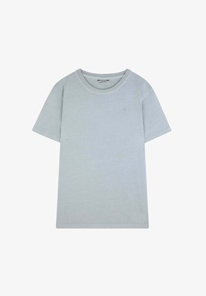 Jasnoszara koszulka z krótkim rękawem, okrągłym dekoltem, wykonana z bawełny, z minimalistycznym wzorem oraz małym logo na piersi.