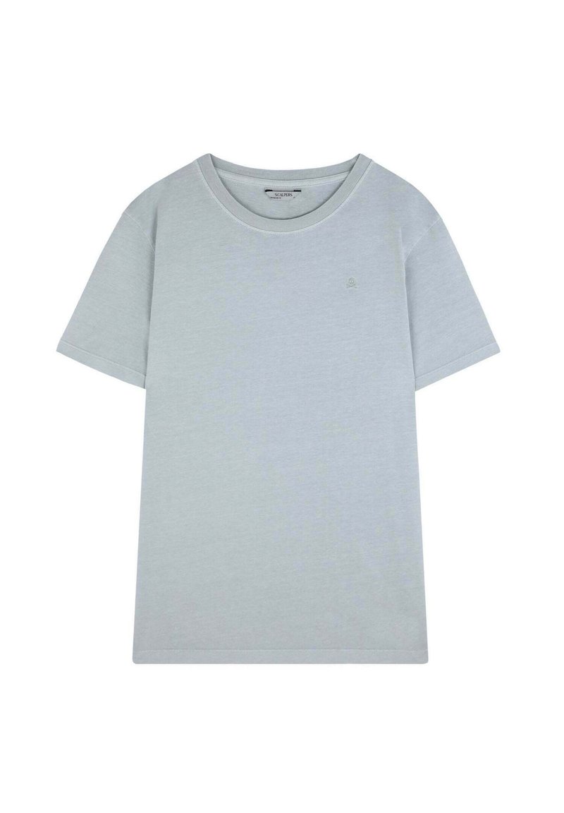 Lys grå kortærmet t-shirt med rund hals, lavet af bomuld, med minimalistisk design og et lille logo på brystet.