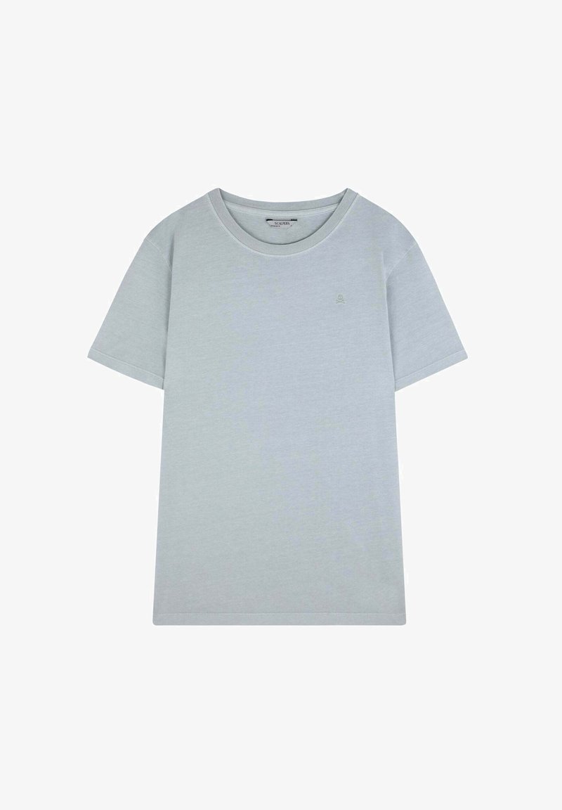 Světle šedé tričko s krátkým rukávem a kulatým výstřihem, vyrobené z bavlny, s minimálním designem a malým logem na prsou.