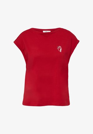 T-shirt en coton rouge avec des manches courtes roulées, un col rond et un petit graphique de coquillage blanc sur la zone supérieure gauche du torse.