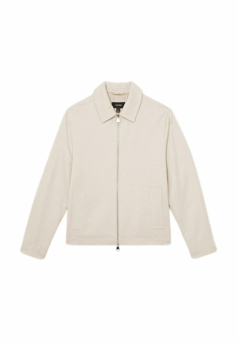 Beige zip-up jakke lavet af tekstureret stof, med krave, to forlommer og lige skæring.