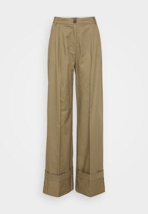 Pantalons taille haute, à jambes larges en coton kaki. Comprend des plis à l'avant, une fermeture à bouton et des revers repliés à l'ourlet. Texture lisse.
