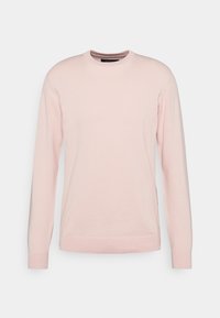 Lyserød langærmet sweater lavet af blødt materiale, med en klassisk rund hals og ribbede manchetter og kant.