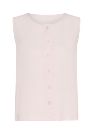 Light pink, sleeveless top made from soft fabric; features a round neckline and front button closure with six matching buttons.