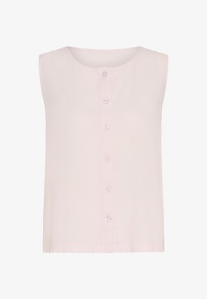 Šviesiai rožinė be rankovių palaidinė, pagaminta iš minkštos medžiagos; turi apvalų iškirpimą ir priekyje užsegimą su šešiais atitinkamais mygtukais.