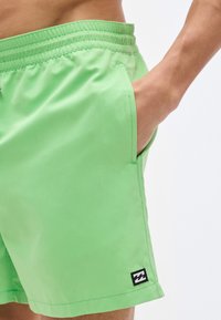 Κοντινό πλάνο ατόμου που φοράει ανοιχτό πράσινο μαγιό με το χέρι στην τσέπη και ένα μικρό ασπρόμαυρο λογότυπο κοντά στο τελείωμα.