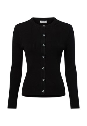 Schwarze gerippte Strickjacke mit langen Ärmeln, rundem Ausschnitt und einer Reihe von sechs silbernen Knöpfen auf der Vorderseite. Weicher Stoff, figurbetonter Schnitt.