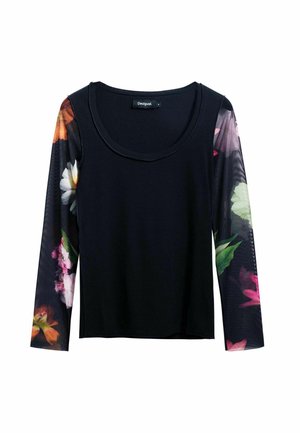Haut noir à manches longues côtelé avec un motif floral sur les manches transparentes. Il présente un décolleté arrondi et une coupe ajustée. Étiquette de la marque visible sur le col.