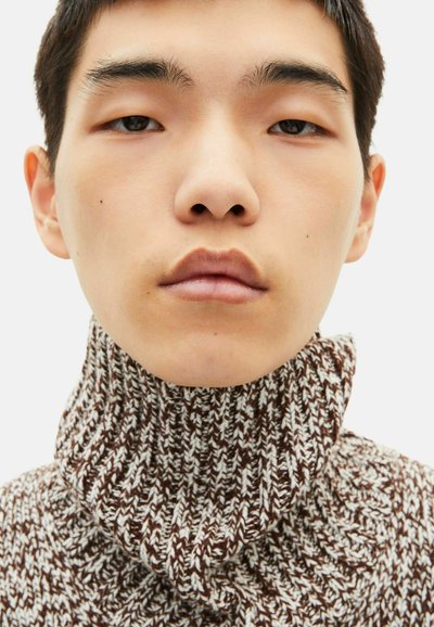 Maglione lavorato a maglia con un colletto alto e testurizzato; motivo marrone e bianco con un design spesso; si concentra sul collo e sul viso.