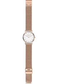 Uhr mit roségoldenem Mesh-Armband, rundem weißen Zifferblatt, schwarzen Stundenmarkierungen und einem minimalistischen Design. Verfügt über einen Markenverschluss für sicheren Halt.