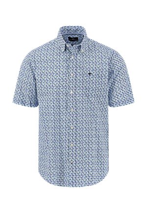 Kurzärmeliges Hemd mit Knopfleiste, blau-weißem geometrischem Muster und kleinem besticktem Logo im Bereich der Brusttasche.