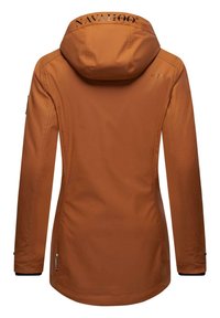 Orange waterproof jacket with a hood, featuring a smooth texture, elastic cuffs, adjustable hem, and a logo printed on the back.