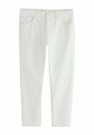 Weiße Jeans mit geradem Bein, Frontknopf, Reißverschluss, Gürtelschlaufen und Fünf-Taschen-Design.