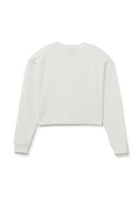 Witte cropped langemouwen top met een gestructureerd wafelpatroon, ronde halslijn en geribde manchetten. De achterkant heeft een schone, minimalistische uitstraling.