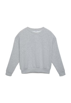 Grauer Pullover aus weichem Stoff, mit Rundhalsausschnitt, langen Ärmeln sowie gerippten Bündchen und Saum, in lockerer Passform.