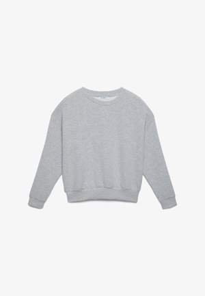 Grauer Pullover aus weichem Stoff, mit Rundhalsausschnitt, langen Ärmeln sowie gerippten Bündchen und Saum, in lockerer Passform.