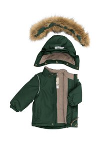 Green coat with detachable hood featuring faux fur trim. Smooth exterior, soft beige lining, front zip closure, and elastic cuffs.
