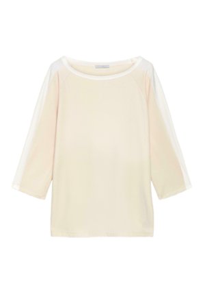 Crèmekleurig shirt met lange mouwen, met witte strepen langs de mouwen en een brede ronde halslijn.