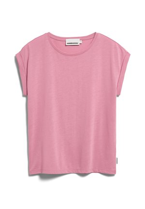 T-shirt rose en coton à manches courtes avec poignets roulés, encolure ronde et étiquette "ARMEDANGELS" au col et à la couture latérale.