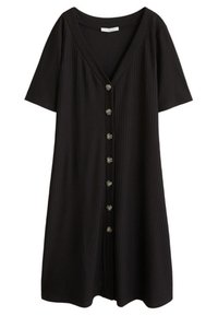 Czarna sukienka z guzikami na całej długości, z dekoltem w szpic, krótkimi rękawami, prążkowaną fakturą i sześcioma metalowymi guzikami biegnącymi w dół z przodu.