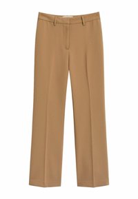 Tan wide-leg pants made of smooth fabric. Features a flat front, two side pockets, and stitched waistband. Simple, tailored design.