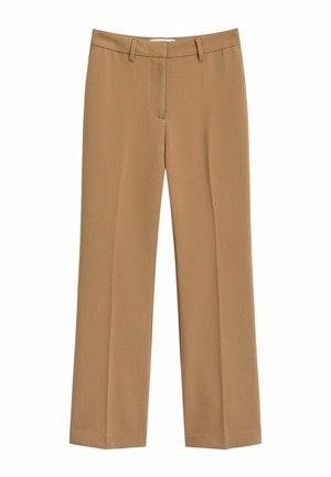 Pantaloni ampi beige realizzati in tessuto liscio. Presentano una parte frontale piatta, due tasche laterali e una vita cucita. Design semplice e sartoriale.