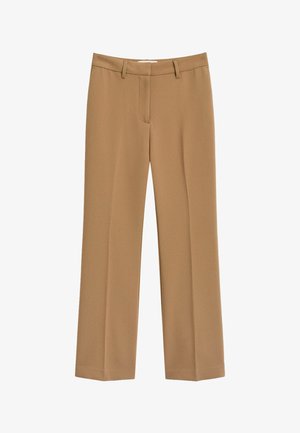Pantaloni ampi beige realizzati in tessuto liscio. Presentano una parte frontale piatta, due tasche laterali e una vita cucita. Design semplice e sartoriale.