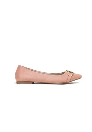 Rosa suede ballerina's met een spitse neus, een gouden gesp als accent en een lage hak. Soepele textuur, minimalistisch ontwerp.