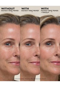 Immagini prima e dopo che mostrano le variazioni della texture della pelle con un primer cosmetico al centro e il trucco a destra. Contrasto tra pelle liscia e radiosa.