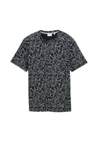 T-shirt en coton bleu marine avec un motif floral blanc intégral, manches courtes et encolure ronde. Texture douce avec une coupe décontractée.