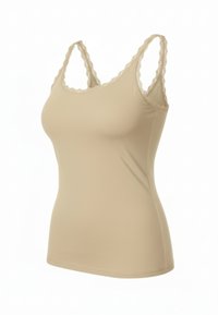 Beige tanktop met kanten rand, voorzien van een aansluitend ontwerp en verstelbare bandjes. Glad stoftextuur en naadloze constructie.