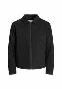 Giacca nera realizzata in tessuto morbido, con collo e chiusura frontale a zip, e due tasche laterali. Design semplice senza motivi visibili.
