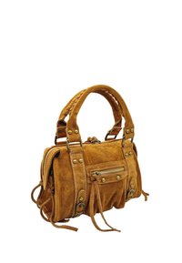 Sac à main en daim marron chaud avec deux poignées, une poche frontale zippée et des détails de coutures décoratives. Équipé de accents en métal doré.