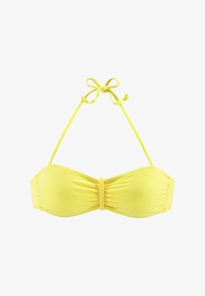 Gelbes Bikinioberteil mit Bandeau-Design, gerafftem Stoff in der Mitte und verstellbaren Bindebändern für einen sicheren Sitz.