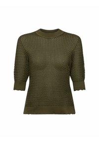 Zielono-oliwkowy sweter dzianinowy z fakturowanym wzorem w plaster miodu, krótkie rękawy i prążkowany okrągły dekolt. Skośne wykończenie u dołu.