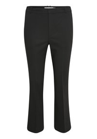 Pantalon de costume noir sur mesure avec passants de ceinture, coupe droite, fermeture éclair devant et plis repassés le long des jambes.