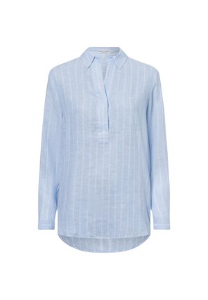 Light blue linen shirt with a collared neckline, front placket, long sleeves, and vertical white stripes. Features a rounded hem.
