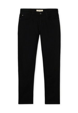 Vaqueros slim fit negros con cinco bolsillos y cierre de botón, etiquetados como Trussardi en la cinturilla interior.