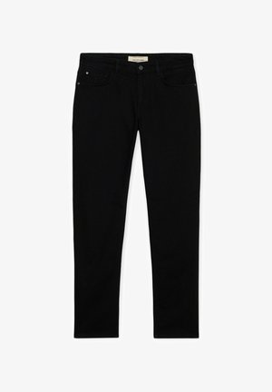 Jeans neri slim fit con cinque tasche e chiusura con bottone, con etichetta Trussardi sulla cintura interna.