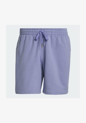Shorts décontractés violet clair avec taille élastique, cordon ajustable, poches latérales et coupe jusqu'aux genoux.