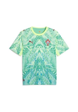 Torwarttrikot der portugiesischen Fußballnationalmannschaft, hellgrünes geometrisches Muster mit rotem Puma-Logo und Nationalemblem auf der Brust.