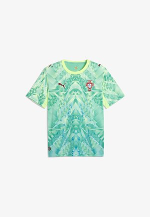 Portugal national football team goalkeeper jersey, light green geometric pattern with red Puma logo and national emblem on chest.