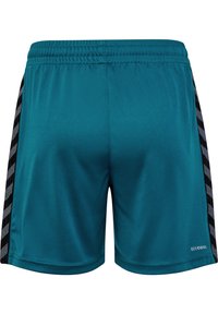 Blågröna träningsshorts med elastisk midjeband, med svarta sidopaneler som har ett geometriskt mönster. Tillverkade av ett slätt, lätt material.