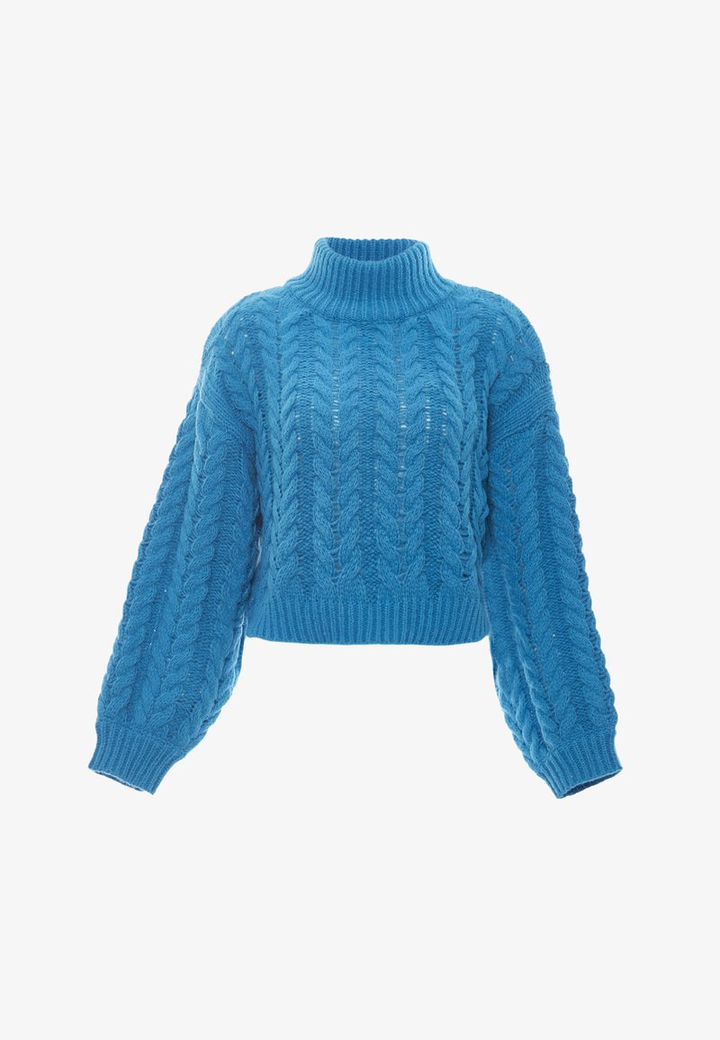 Rövidített kék cable-knit pulóver magas nyakkal és dús ujjal, texturált mintázattal és elasztikus derékkal.