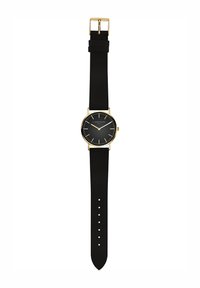 Montre avec bracelet en silicone noir, cadran rond noir, accents dorés, marqueurs d'heure dorés et fermeture à boucle ardillon. Design minimaliste.