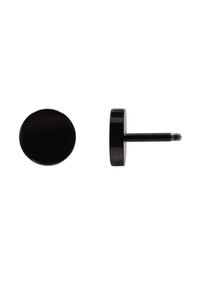 Orecchino a chiodo circolare nero con una finitura liscia e lucida. Presenta un gancio corto per un attacco sicuro. Design complessivo minimalista.