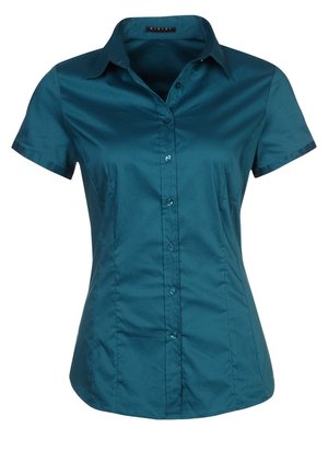 Kort shirt met korte mouwen in zeegroen, gemaakt van gladde stof, met een knoopsluiting aan de voorkant, een klassieke kraag en een getailleerd ontwerp met subtiele vormgevende naden.