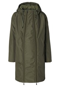 Oliven grøn, hættetrøje parka med en tovejs lynlås og justerbare snore. Har en glat, vandafvisende overflade og sidelommer.